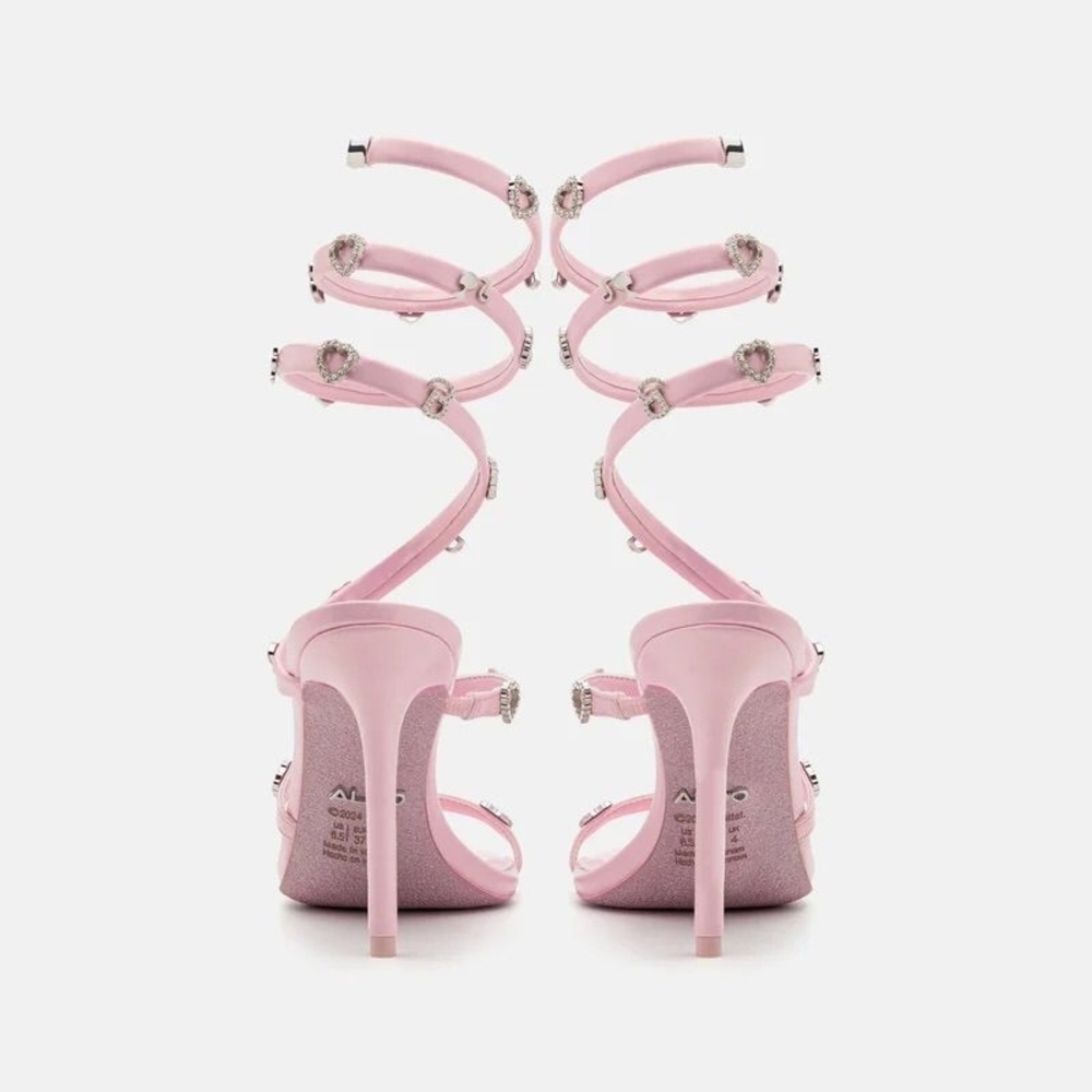Aldo Barbie Collection Crystal Heart Pink Spiral-Ankle Stiletto Sandals